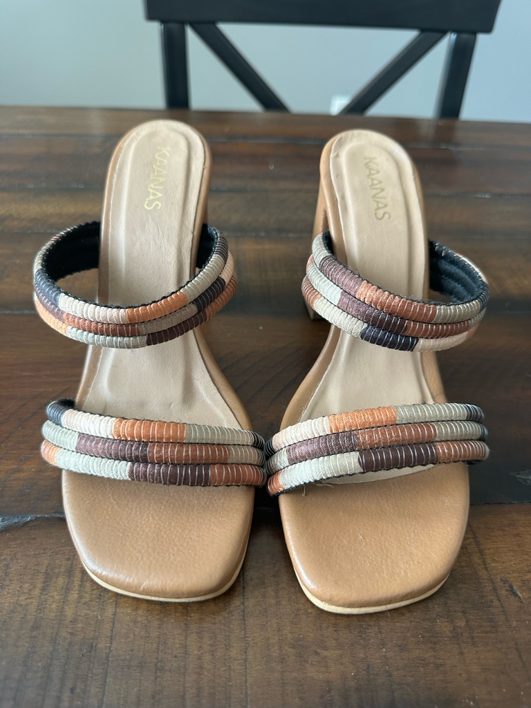 Kaanas Two-Strap Slide Mules In Tan With Brown, Cream And Rust Accents